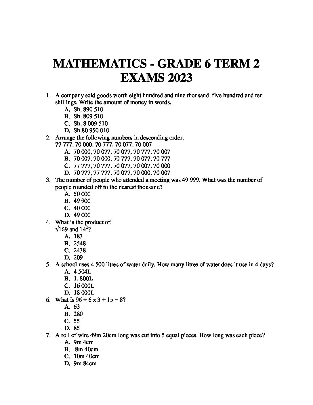 2023 GRADE 6 END OF TERM 2 EXAMS WITH MARKING SCHEMES-SET 4 - Elimu ...